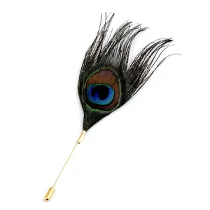 Elegant handmade natural peacock feather lapel pin with golden stick pin for suit coats