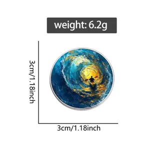Macro view of artistic ocean wave kayak enamel pin showing 3cm size measurement.