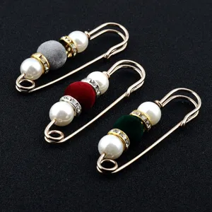 Elegant safety pin brooches with colorful flocking beads, pearls, and rhinestone spacers