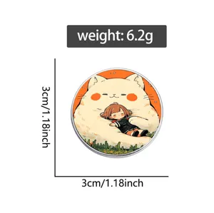 A detailed view of a 3cm circular brooch with a girl and cat design, weighs 6.2g