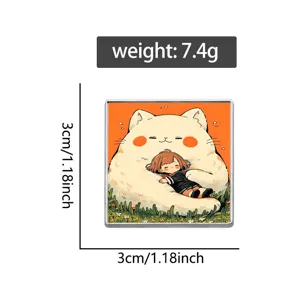 Healing style square brooch with cute white cat hugging girl, 3cm size and 7.4g weight