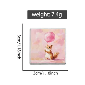 Square 3cm enamel pin badge featuring a cute squirrel holding a pink balloon with dimensions
