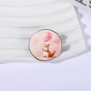 Cute squirrel holding pink balloon brooch pin with macaron pastel background.