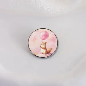 Cute illustrated squirrel with pink balloon enamel pin badge for clothes and bags