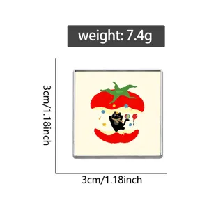 Square cartoon cat badge detail showing 3cm dimensions and 7.4g weight specification.