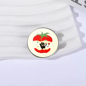 Cute cartoon black cat jumping in red apple circular metal enamel brooch badge pin
