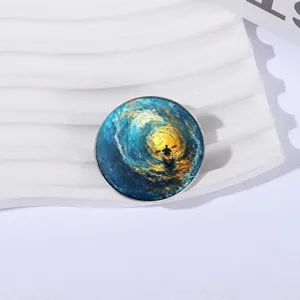 Artistic circular badge featuring a person kayaking in swirling blue and yellow ocean waves.