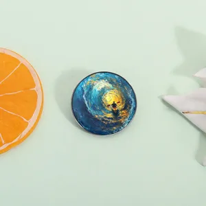 Detailed artistic round ocean wave brooch pin featuring impressionist painting style
