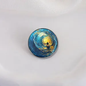 Artistic oil painting style ocean wave and kayak enamel pin on white background