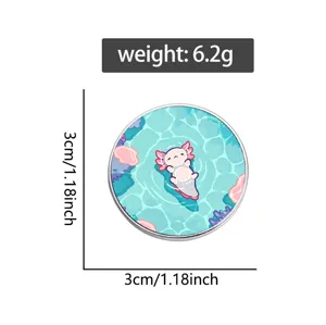 Broche axolotl de dessin animé avec motif d'eau vert menthe et corail, 3 cm de diamètre