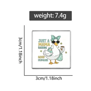 Detail of square metal badge featuring mother duck illustration and 3cm size guide