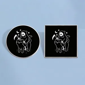 Gruselig Süßer Sensenmann Reitet Schwarze Katze Emaille Brosche Pin Rund Quadratisch Zinklegierung Halloween Abzeichen Für Taschen Kleidung Jacke Dekor