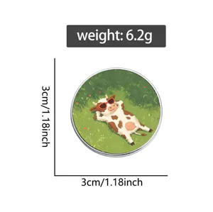 Detailed view showing the 3cm diameter and 6.2g weight of the cow enamel pin badge.