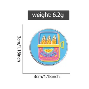 Close-up view of vintage sardine tin enamel pin with 3cm diameter and 6.2g weight