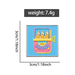 Detail view of a vintage sardine tin enamel pin with 1.18 inch dimensions for bag