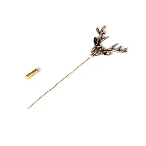 Vintage antiek bronzen hertenkop reversspeld met lange gouden naald voor heren en dames