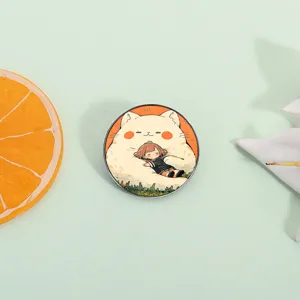 Healing style brooch featuring a cute girl sleeping on a giant white cat illustration