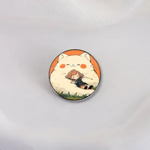 Healing cute cartoon girl hugging big white cat printed enamel pin badge for outfits
