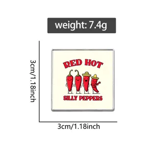 Detailed view of the square chili brooch showing 3cm size and 7.4g weight parameters