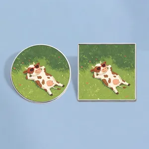 Cute Cartoon Cow With Sunglasses Zinc Alloy Enamel Brooch Pin Round Square Summer Vacation Animal Lapel Badge Gift Jewelry For Unisex