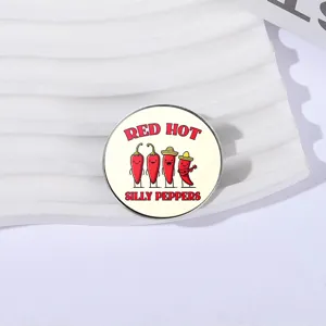 Cute red hot silly peppers enamel pin with cartoon chili playing guitar and sombrero