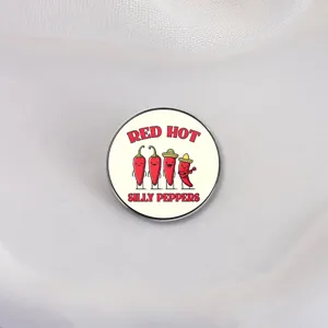 Funny Red Hot Silly Peppers enamel pin with cute chili playing guitar cartoon design