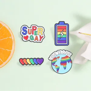 Vibrant set of rainbow pride enamel pins featuring Love is Love globe and Super Gay badges