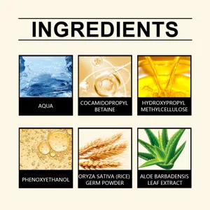 Elenco dettagliato degli ingredienti con componenti cosmetici chiave come germe di riso e aloe.