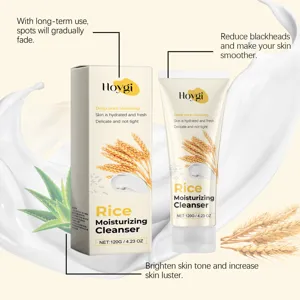 Vista dettagliata del tubo e della scatola del detergente idratante al riso Hoygi con aloe.