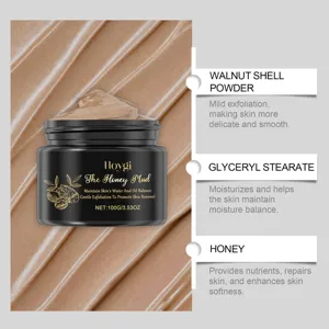 Hoygi honey body scrub jar with natural walnut shell powder and nourishing honey for smooth skin.