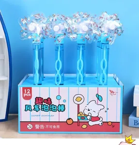 Detailed view of the cute windmill bubble wand toy set, showing blue bottles and packaging box.