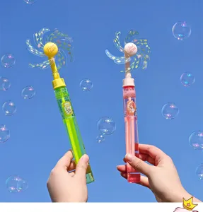 Handheld bubble wand toy detail view featuring windmill blades and clear liquid container.