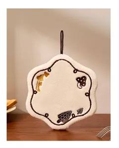 Hanging coral fleece hand towel, cute flower shape with embroidery, soft and absorbent.