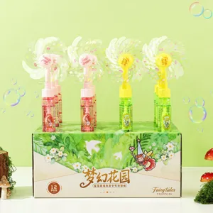 Handheld bubble wand toy set with fan design, 12 pieces in a display box for kids outdoor fun.