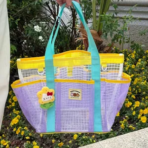 Colorful mesh beach bag, large capacity travel tote and shower bag for daily outdoor use.