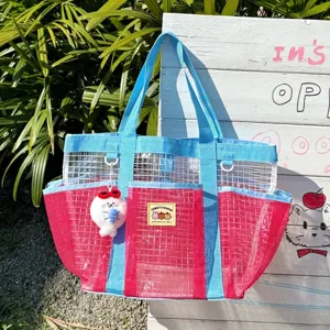 Colorful mesh beach bag for women, large capacity travel tote, breathable waterproof swim bag.