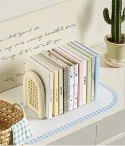 Desktop bookend storage rack cream arched rattan desk organizer for books and reading stand