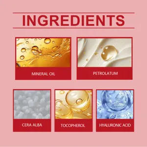 Lip balm ingredient detail showing mineral oil, petrolatum, cera alba, tocopherol and hyaluronic.