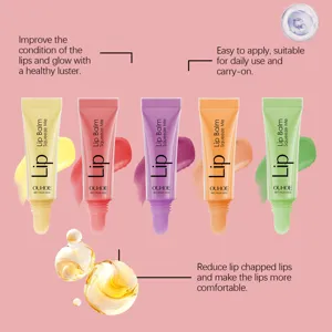 OUHOE moisturizing lip balm detail view showing five colorful tubes with smooth texture.