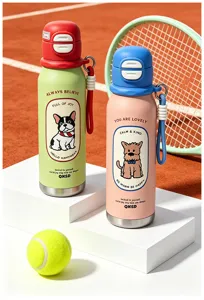 Stainless steel insulated water bottle with cute dog print and portable strap, kids tumbler.