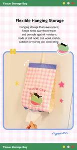 Hanging fabric tissue storage bag with cute cat and pink gingham pattern for home.