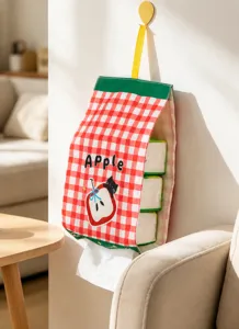 Hanging fabric tissue storage bag red white plaid wall mounted paper holder home use