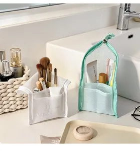 Standing mesh toiletry bag large capacity waterproof travel makeup organizer pouch dual compartment