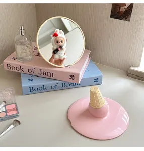 Cute cartoon ice cream desktop makeup mirror with stand, perfect for dorm room vanity decor.