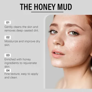 Facial scrub skincare product detail showing honey mud benefits and female model face