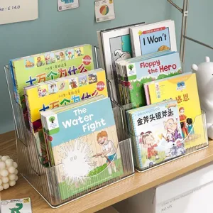 Clear acrylic desktop bookshelf book organizer, multi-tier magazine storage rack for kids.