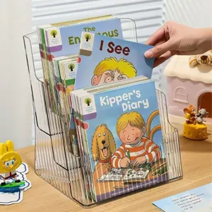 Clear acrylic desktop bookshelf for kids books, magazine organizer, transparent storage.