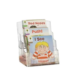 Clear acrylic desktop bookshelf and transparent magazine organizer for children books storage.