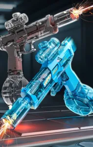Vue détaillée du pistolet à eau jouet électrique au design transparent et chargeur tambour.