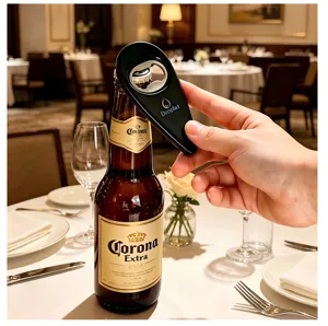Magnetic beer bottle opener for kitchen and home use, sleek black design detail view.